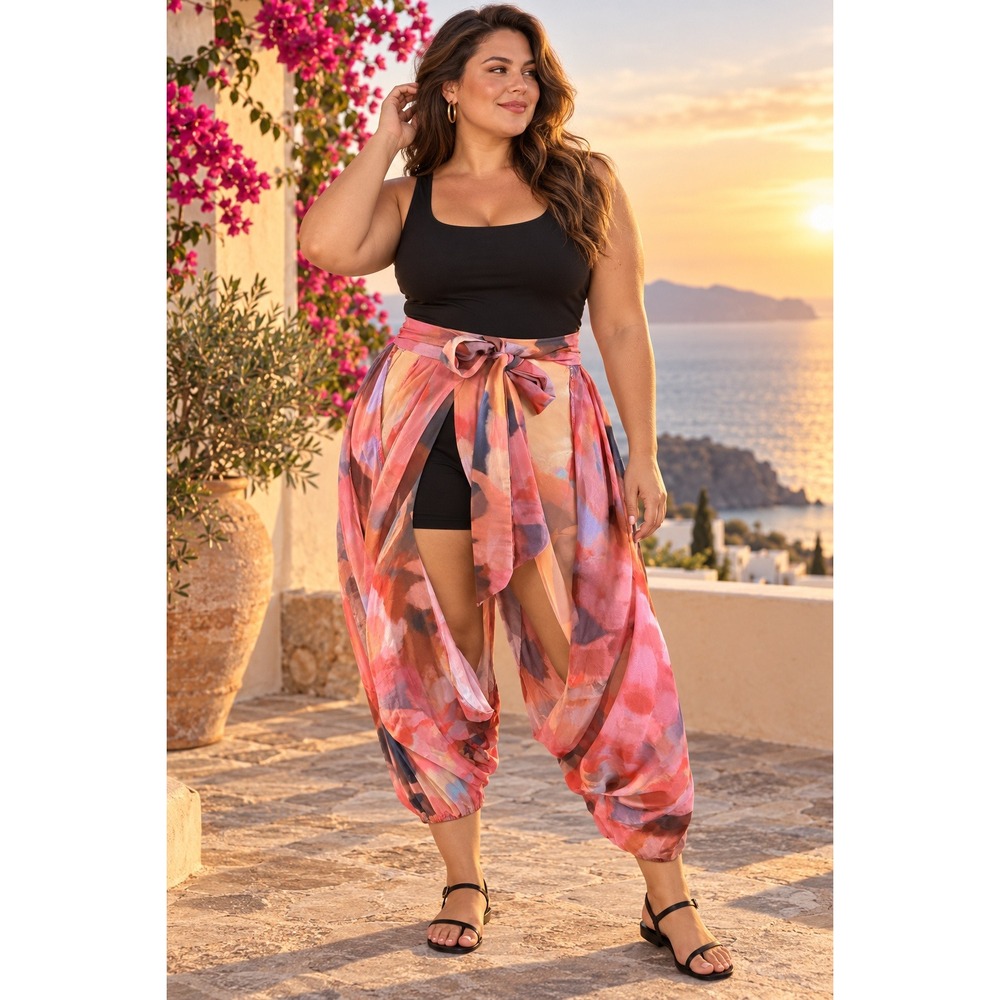 Abstract Floral Print Open Leg Wrap Harem Pants Pink Orange Blue 2XL